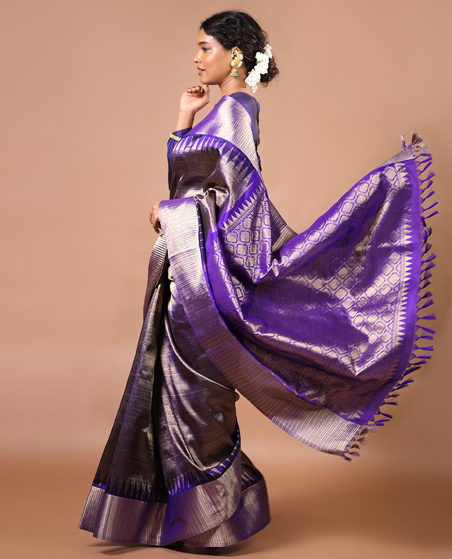 Purple jacquard venkatagiri silk saree with self temple, striped border & jaal design pallu