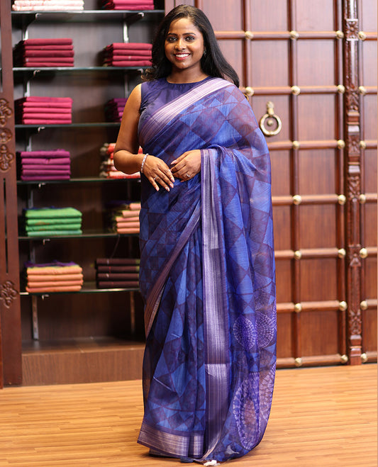 Royal blue diamond printed design semi chanderi cotton saree with zari bawanchi border & pathik printed rich pallu along with printed blouse