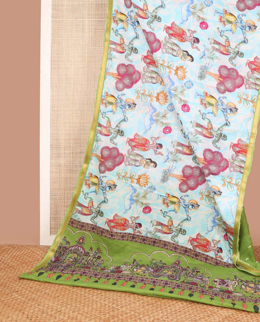 Light blue madhubani design machine printed soft cotton with contrast zari border & intricate design pallu