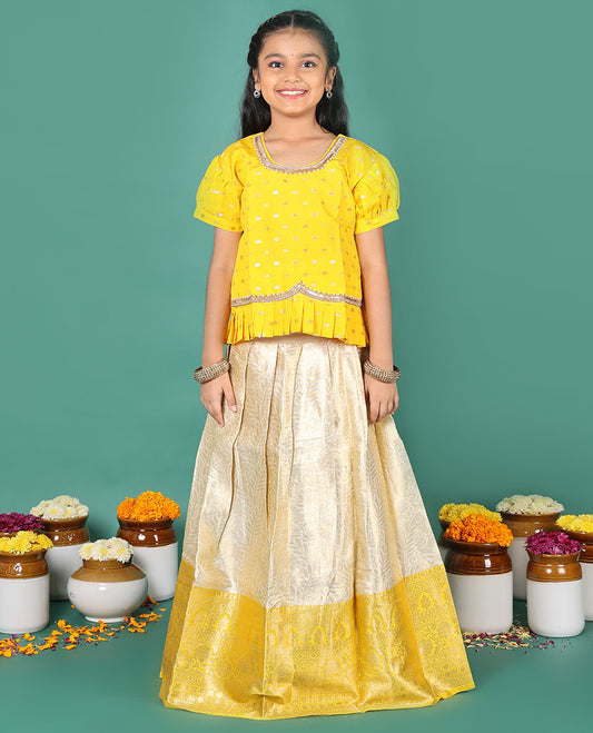 Sandal readymade art silk pavadai, jacquard & contrast zari border skirt & contrast zari buttas embroidered puff-sleeve blouse