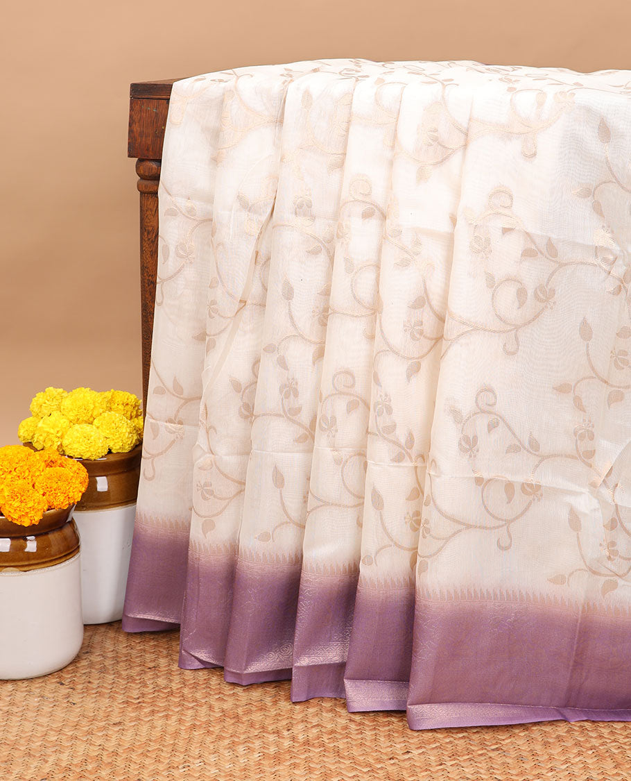 Borderless off white zari weaving khadhi cotton saree with contrast lavender weaving pallu