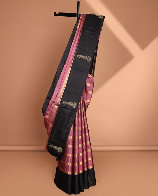 Onion pink striped soft silk saree with contrast leaf border & striped pallu