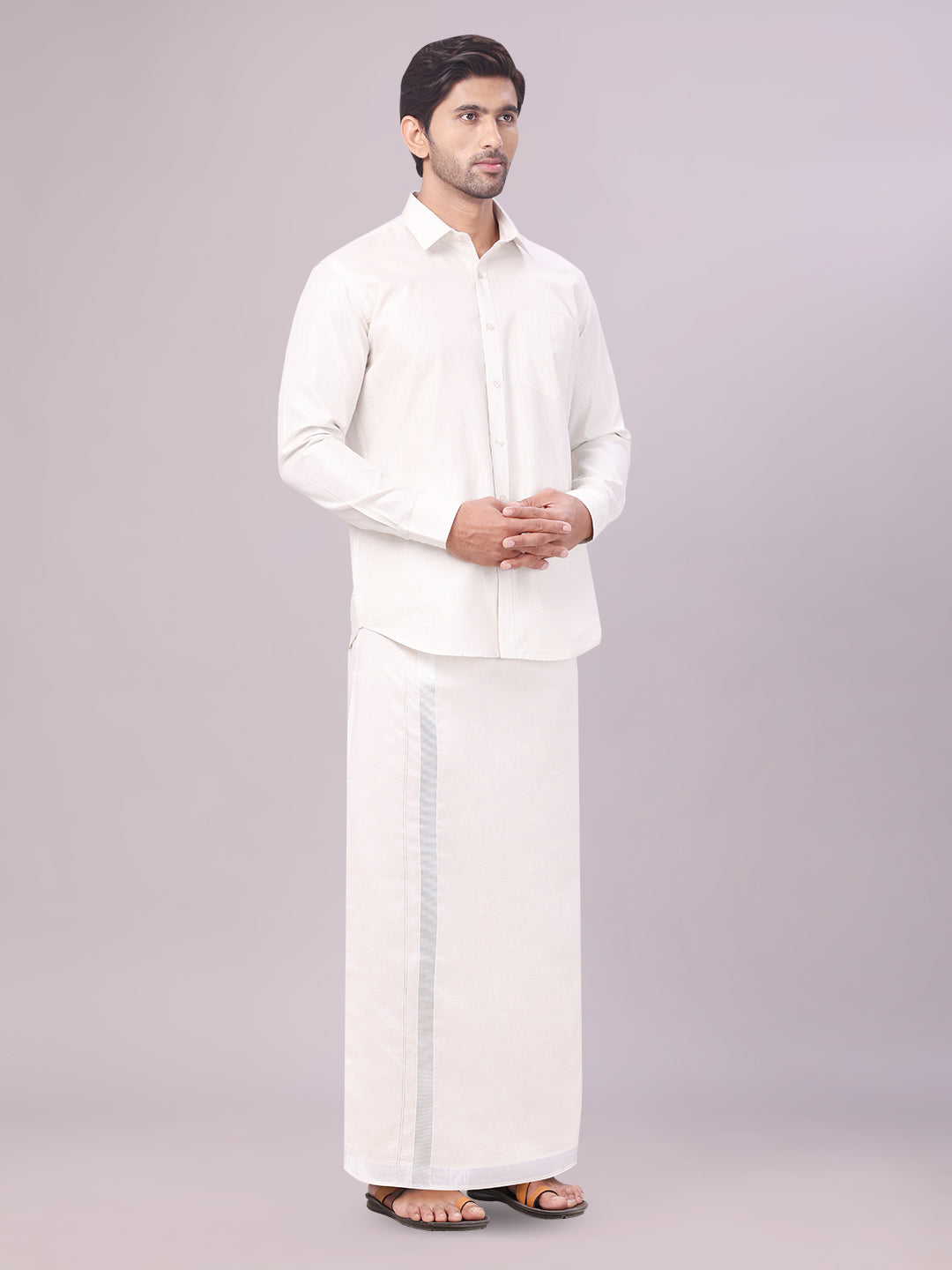 Men's Tissue Silver Color Flexi Dhoti Shirt Wedding Combo Maverick Flexi