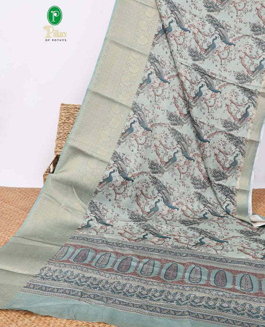 Light green kalamkari design kota doria saree with contrast zari border & kalamkari design pallu