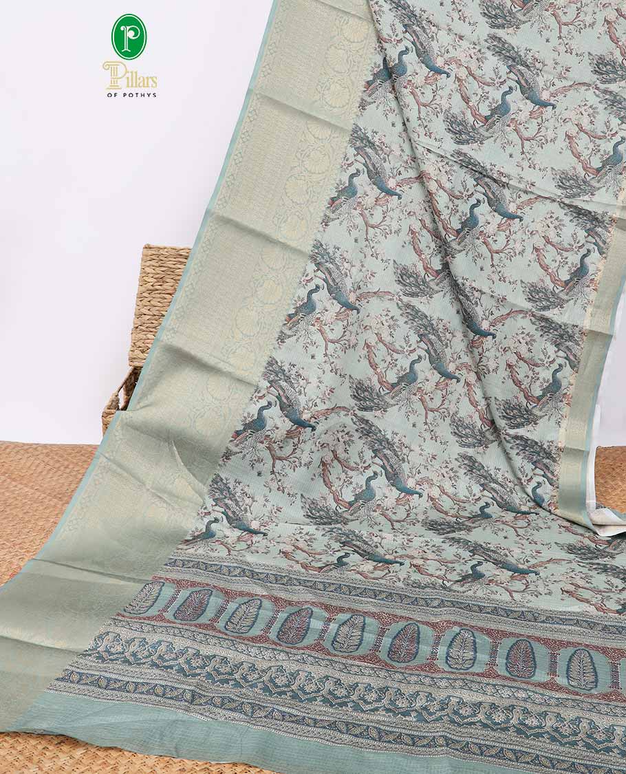 Light green kalamkari design kota doria saree with contrast zari border & kalamkari design pallu