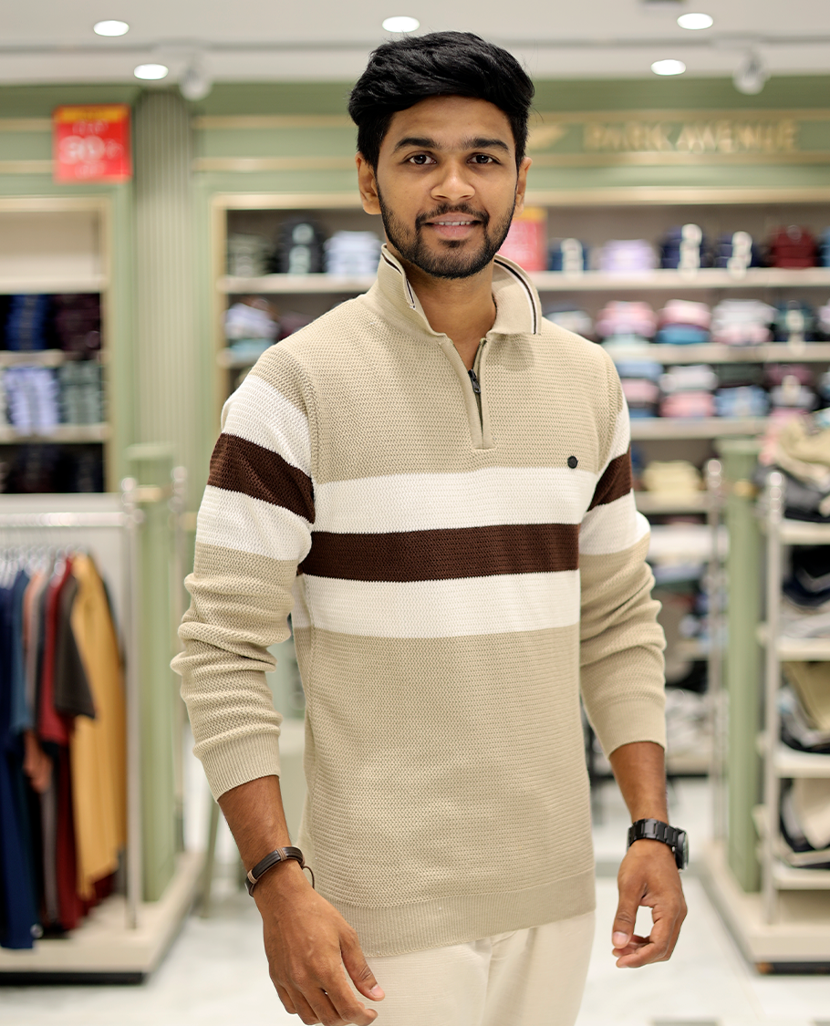 Cream Cotton-Blended T-Shirt Features Strip Blocks, Full-Sleeves, a Polo Neck, a Slim Fit, and a Regular Length