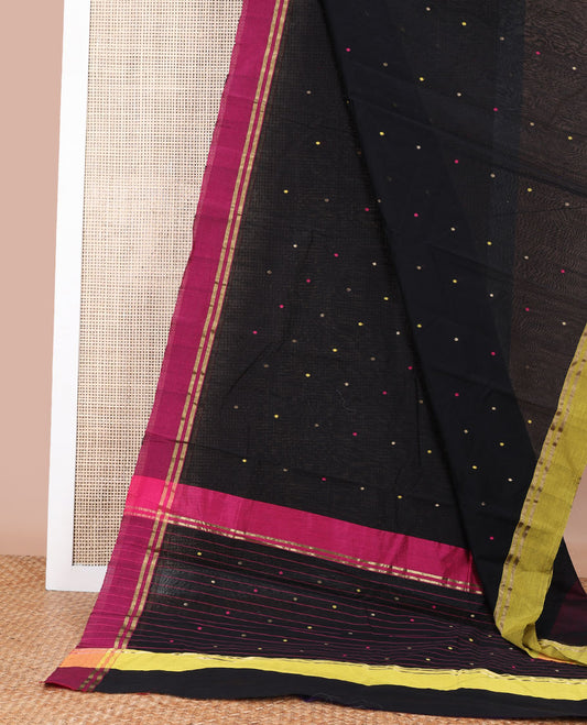 Black polka dot chanderi cotton saree with contrast ganga jamuna border & striped, polka dot pallu