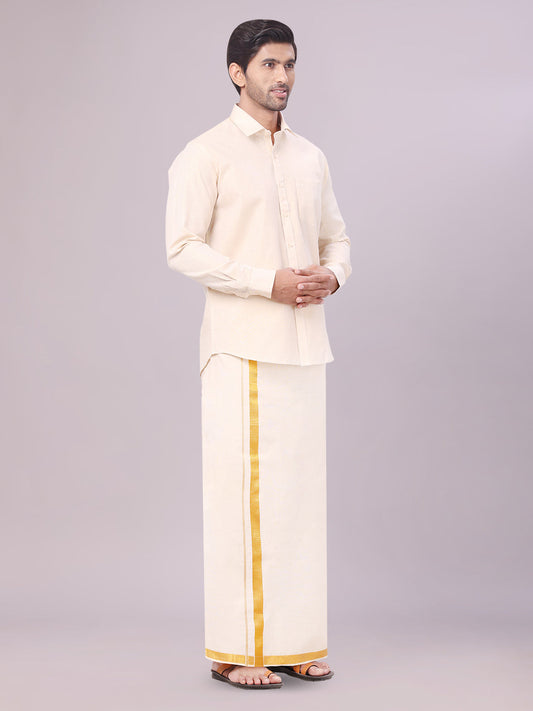 Mens Tissue Gold Colour Dhoti Shirt Wedding Combo Maverick