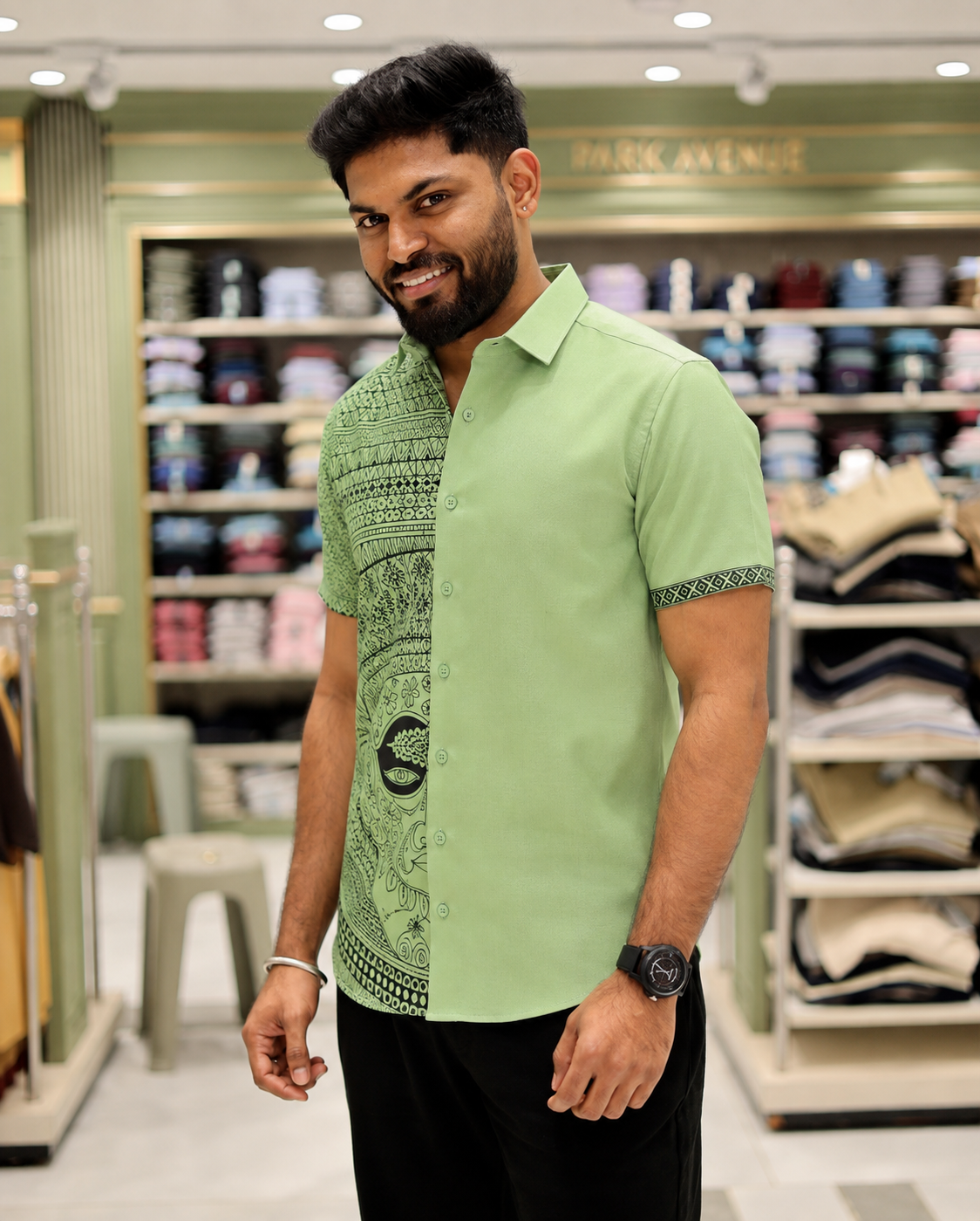 Green Cotton-Blended Casual Shirt Features Onam-Themed Print, Half-Sleeves, a Spread Collar, a Regular Fit, and a Regular Length
