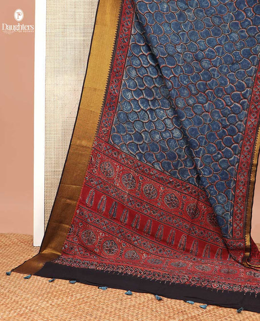 Blue ogee design modal silk saree with contrast temple border & floral design pallu