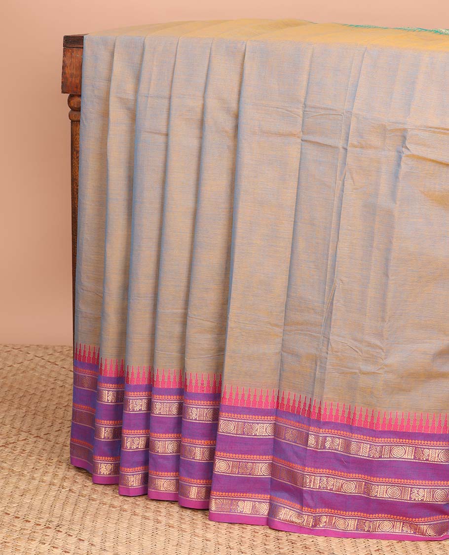 Brown chettinad cotton saree with contrast triple rudraksh, peacock design & ganga jamuna border