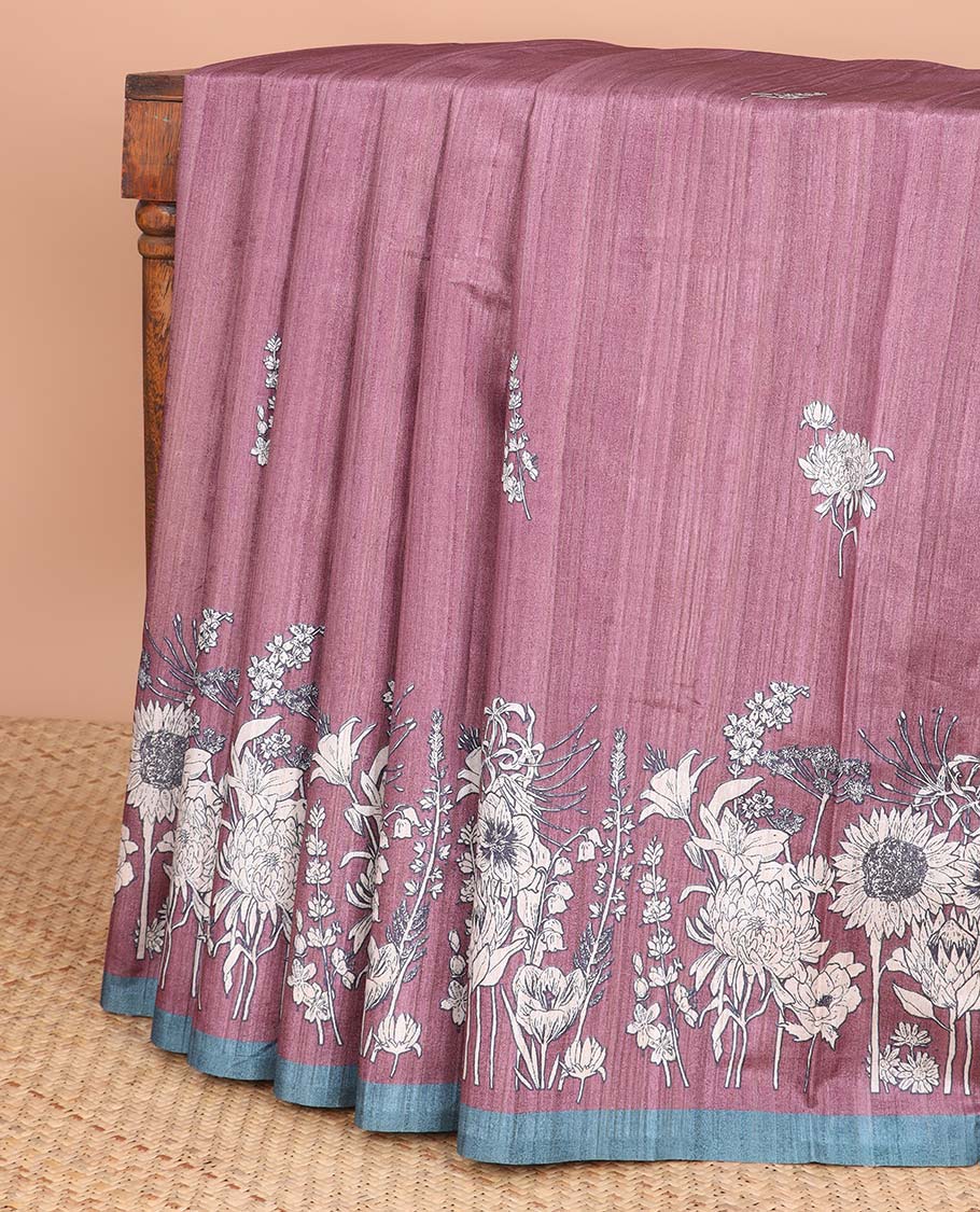 Maroon floral embroered semi-banaras tussar saree with contrast plain border