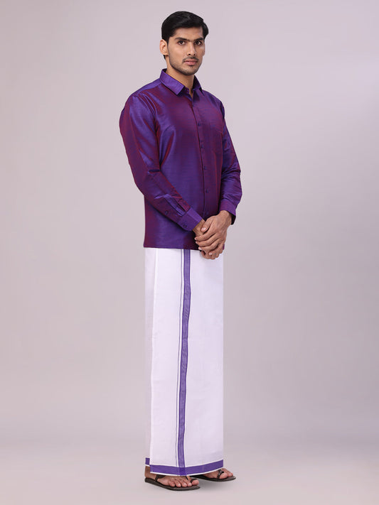 Men's Violet Dupion Satin Color Shirt with Matching Border Dhoti Combo Gora side pose