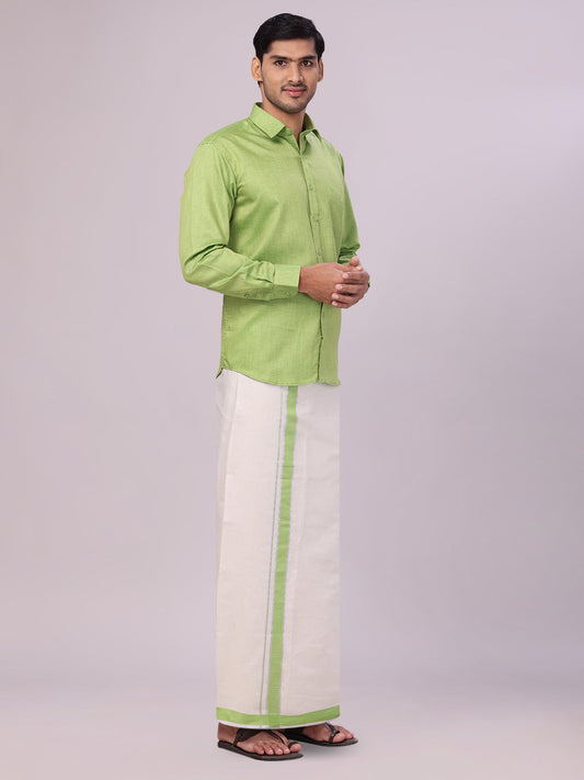 Men's Light Green Color Cotton Shirt with Matching Border Tissue Dhoti Combo