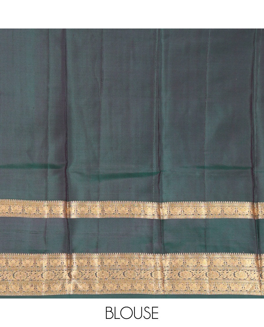 Honey-Coloured Zari Checked with Annam Chakram Buttas Vasundhara silk saree, Contrast Rettai Pettu Border of Ara Bogudi, Muthu, Banaras, Puli Nagam, Iruthalai Pakshi, and Chakram Designs, and Intricate Pallu