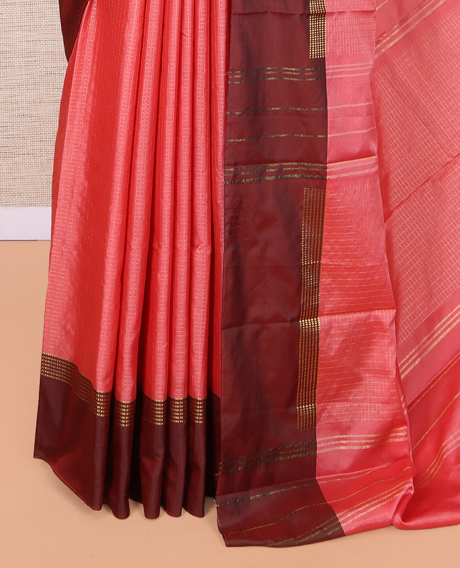 Dark Peach Zari Checked Arani Saree, Mesmerized with Zari Checks, a Contrast Traditional Border, Pallu of Zari Stripes, and a Matching Blouse