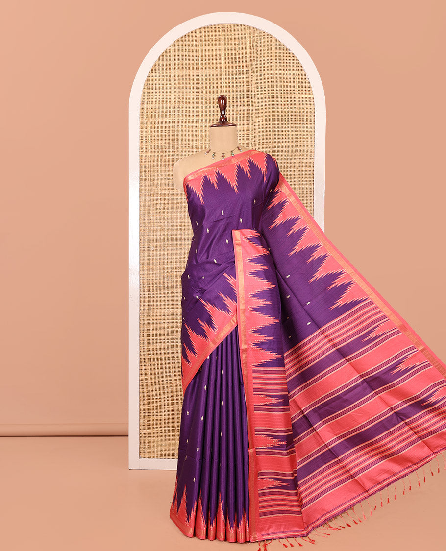 Purple Kathan Silk Saree Adorned with Buttas, Contrast Temple Border, Temple pallu, and Striped Blouse