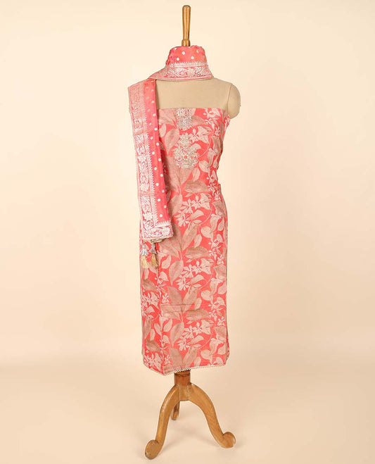 Red material chudidhar set, floral print & embroidered top, plain bottom & buttas dupatta