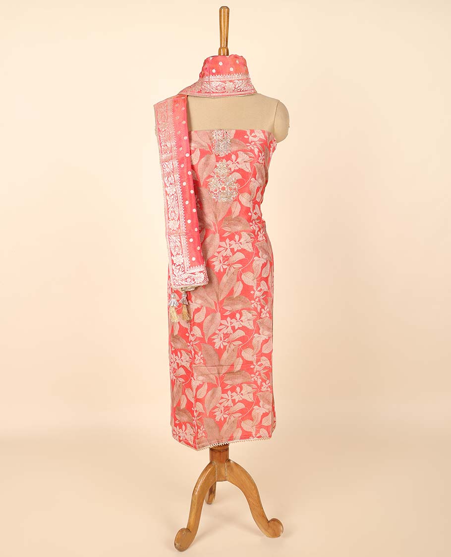 Red material chudidhar set, floral print & embroidered top, plain bottom & buttas dupatta