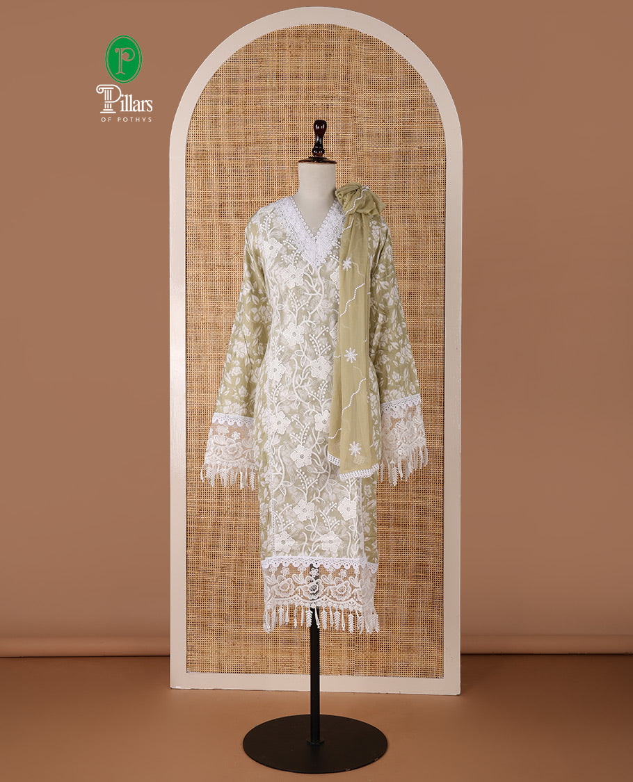 Yellow chudidar material set, floral embroidery with daman crochet lace work jam cotton top, white thread argyle design embroidery with lace work nazlin dupatta, unique motifs printed bottom