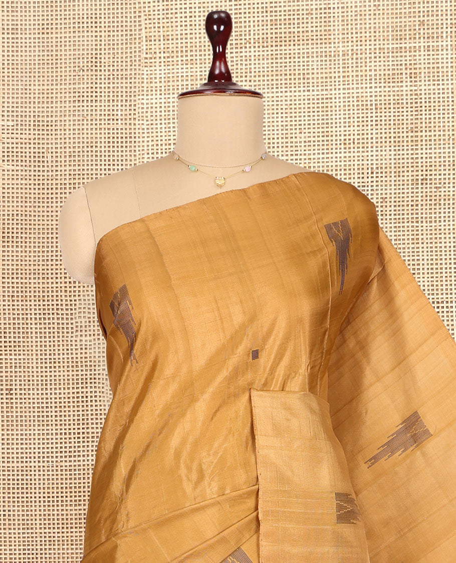 Borderless Gold Banana Pith Saree, Woven with Temple Buttas, a Contrast Pallu of Stripes and Temple Design, and a Contrast Blouse