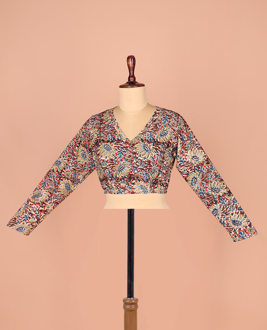 Multi-Color Readymade Blouse Mesmerized with Floral Prints, Featuring a Front V-Neck, a Back Closed Neck, and Full Sleeves