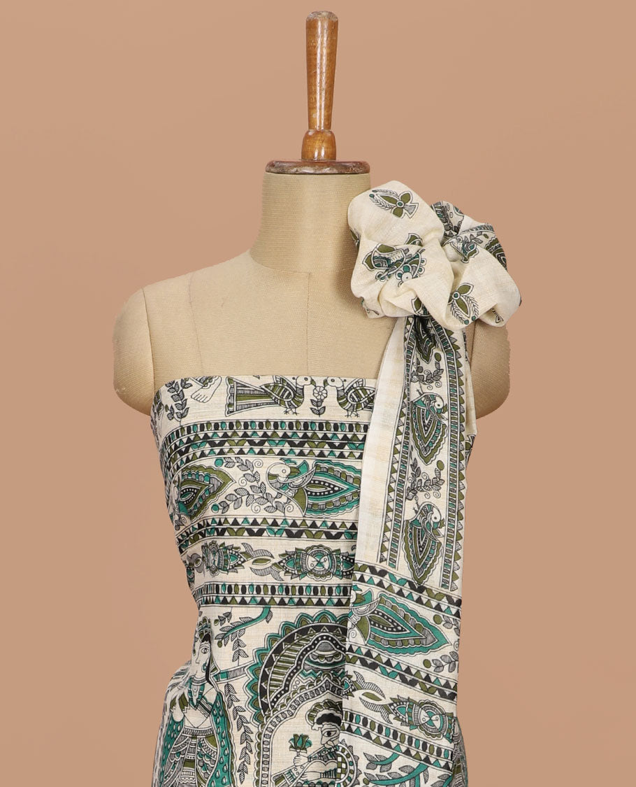 Mehendi green madhubani print design bhagalapur cotton chudidhar material top with cotton material daman madhubani ptint pants & madhubani printed dupatta