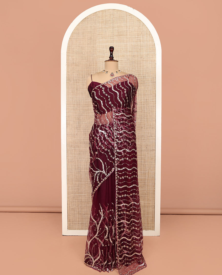 Wine Zig-Zag Sequin Striped Net Designer Saree with Matching Blouse