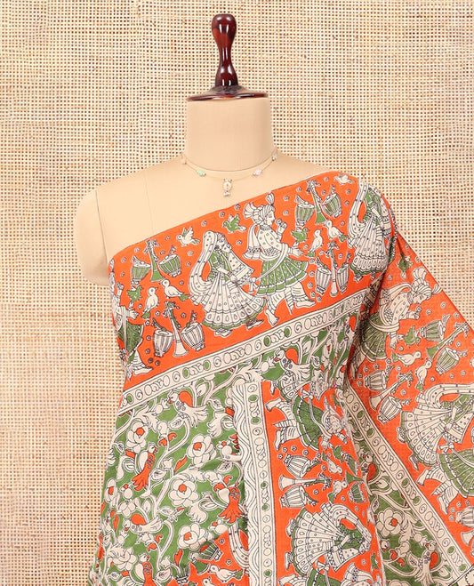 Multi-Color Kalamkari Cotton Saree, Graced Floral Vine Print, Contrast Printed Border, Kalamkari Peacock Motifs Pallu, and a Matching Blouse