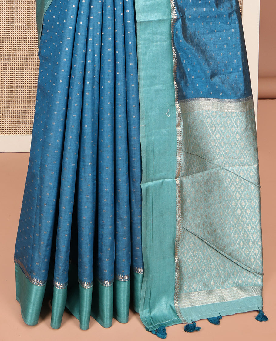Blue Semi-Banaras Dupion Saree, Steeped with Buttas, Complemented by Contrast Border, Grand Jaal Pallu, and a Contrast Blouse