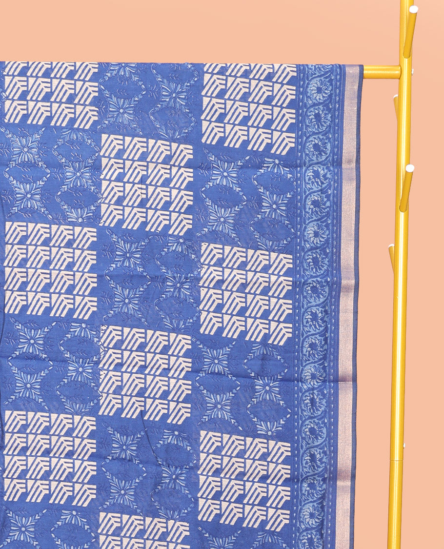 Green Mul Mul Cotton Saree, Elevated with Floral-Geometric Print, a Subtle Border, a Geometric-Printed Pallu, and a Matching Blouse