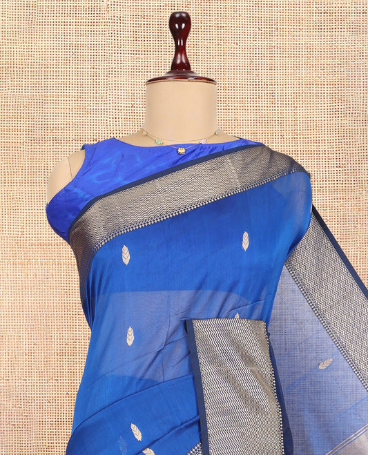 M.s Blue Maheshwari Cotton Saree, Ornamented with Zari Buttas, a Contrast Chevron Striped Border, Zari Buttas Woven Pallu, and a Contrast Blouse
