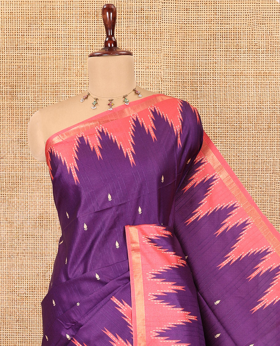 Purple Kathan Silk Saree Adorned with Buttas, Contrast Temple Border, Temple pallu, and Striped Blouse