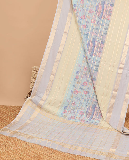 Multi-color uniquely printed & zari striped semi-banaras crepe saree, contrast traditional zari border & striped pallu