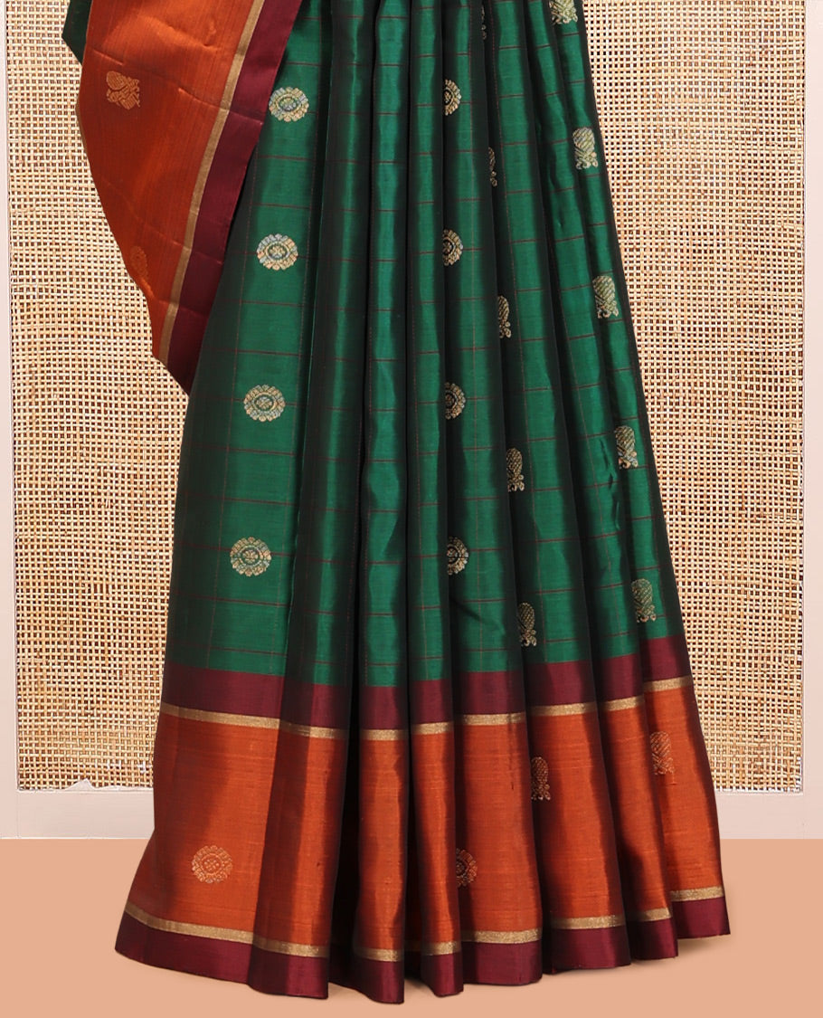 Green Mayuri Lite Silk Mix Saree, Richly Detailed with Mayil-Chakram Buttas and Stripes, Contrast Mayil-Chakram Border, Grand Floral Pallu, and a Contrast Blouse