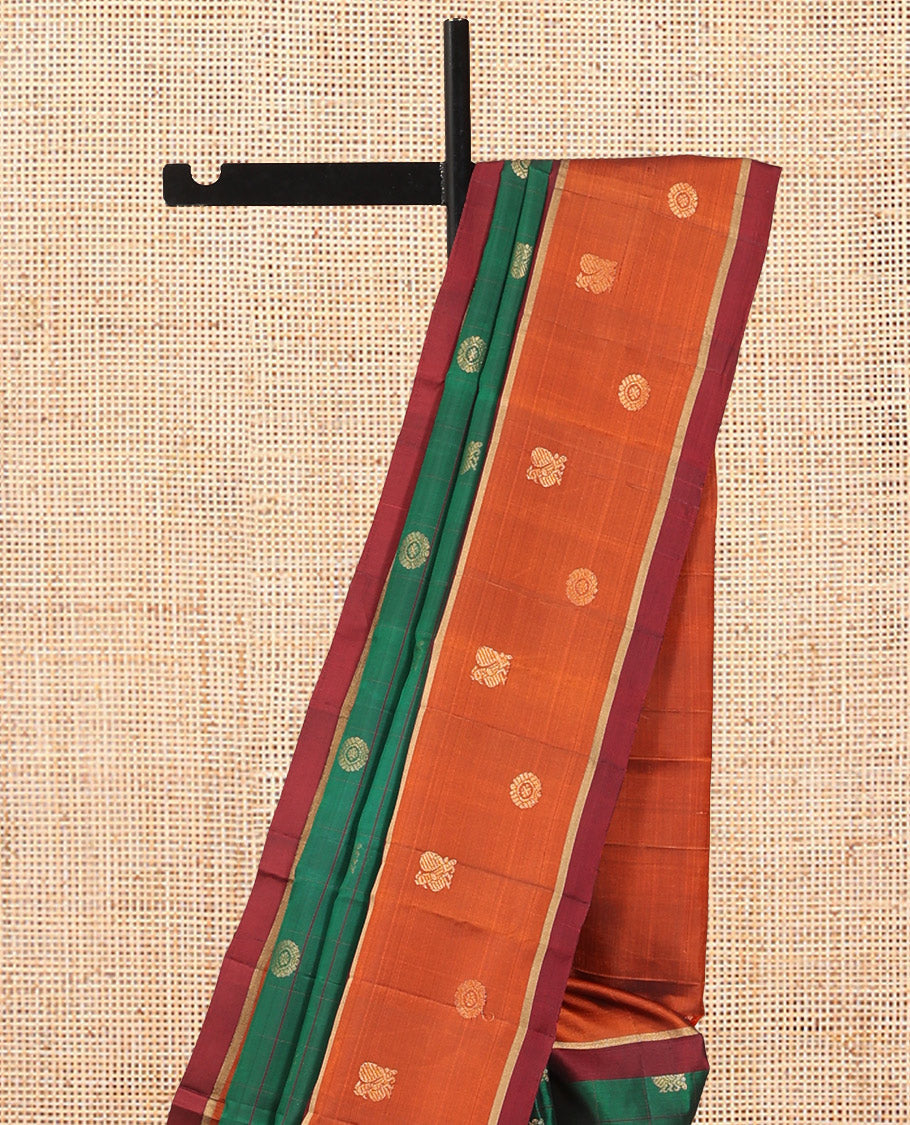 Green Mayuri Lite Silk Mix Saree, Richly Detailed with Mayil-Chakram Buttas and Stripes, Contrast Mayil-Chakram Border, Grand Floral Pallu, and a Contrast Blouse