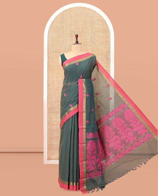 Green Kanchi Cotton Saree, Woven with Thread Buttas, a Contrast Border, Floral Design Pallu, and a Matching Blouse