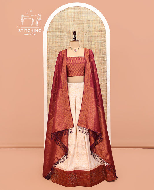 Cream Art Silk Half Saree, Subtly Designed with Jacquard Skirt, Contrast Traditional Stone-Work Border, a Jacquard Blouse, and Banaras Jacquard Dhavani