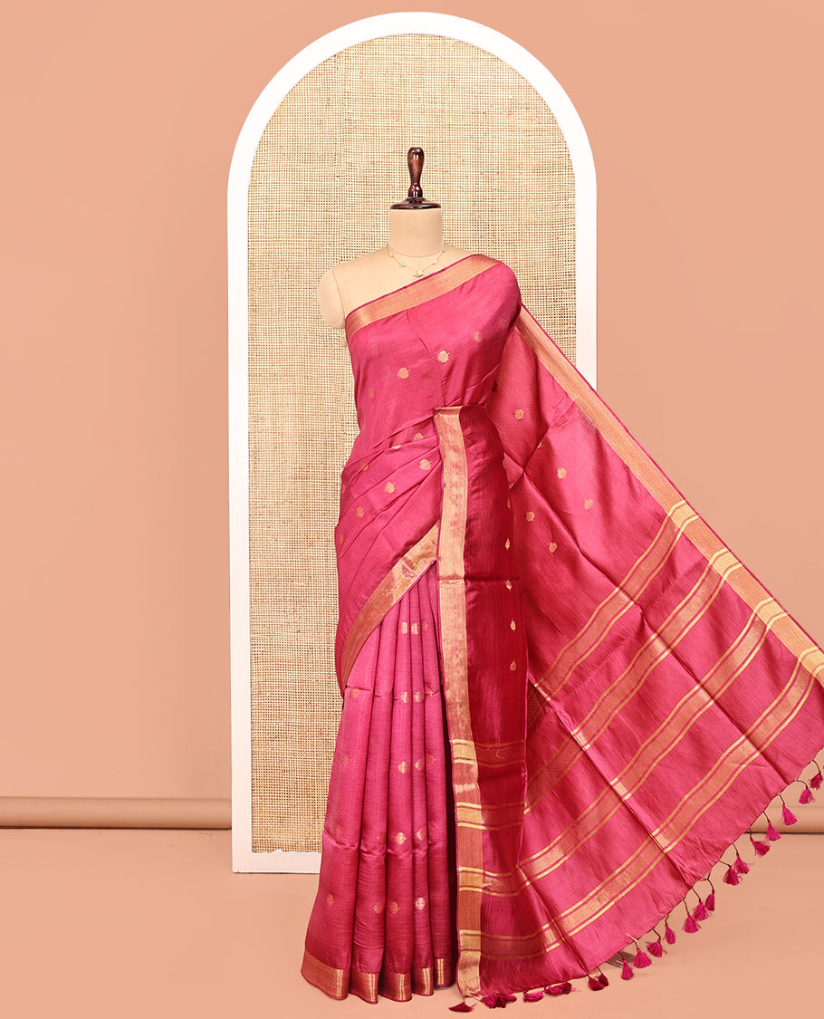 Pink Banana Pith Saree, Graced with Buttas All Over Its Body, Highlighted by Self-Border, Pallu of Zari Stripes, and Paired with a Matching Blouse