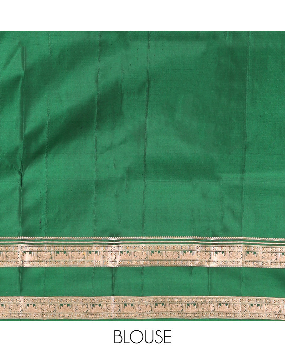 Green Kanchipuram Silk Saree, Detailed with Buttas and Checks, a Zari Rettai Pettu Border of Thazampoo Rekku, and Mayil Designs, Grand Pallu, and a Matching Blouse