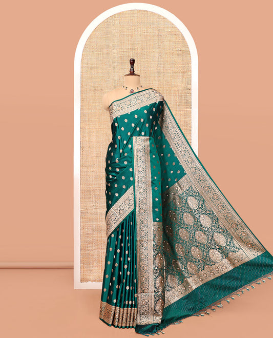Bottle Green Banarasi Satin Saree, Woven with Floral Buttas, a Floral Creeper Border, Intricate Stonework Pallu, and a Matching Blouse