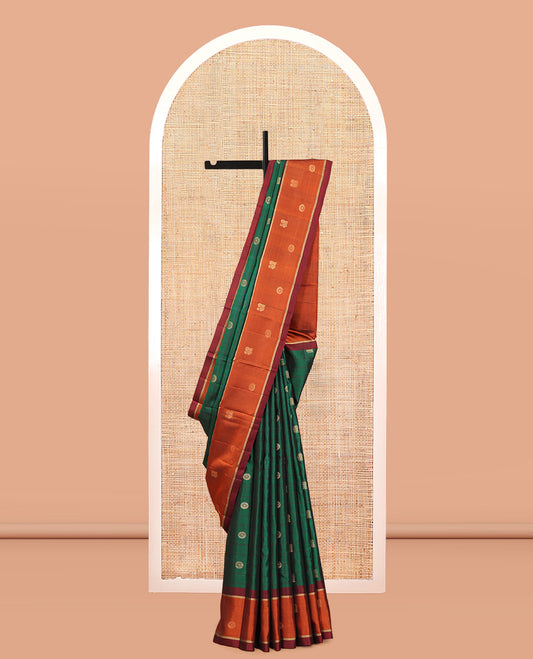 Green Mayuri Lite Silk Mix Saree, Richly Detailed with Mayil-Chakram Buttas and Stripes, Contrast Mayil-Chakram Border, Grand Floral Pallu, and a Contrast Blouse