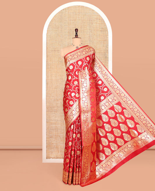 Red Banarasi Nylon Saree, Detailed with Jaal Jacquard, Floral Creeper Zari Border, Intricate Pallu, and a Matching Blouse