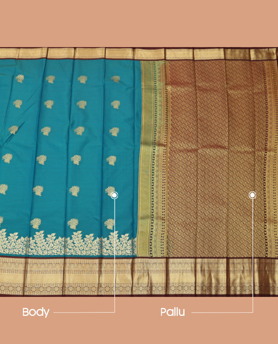 Blue Budget Silk Saree, Accentuated with Zari Buttas, Complemented by a Contrast Traditional Zari Border, Jaal Pallu, and a Contrast Blouse