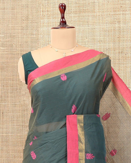 Green Kanchi Cotton Saree, Woven with Thread Buttas, a Contrast Border, Floral Design Pallu, and a Matching Blouse