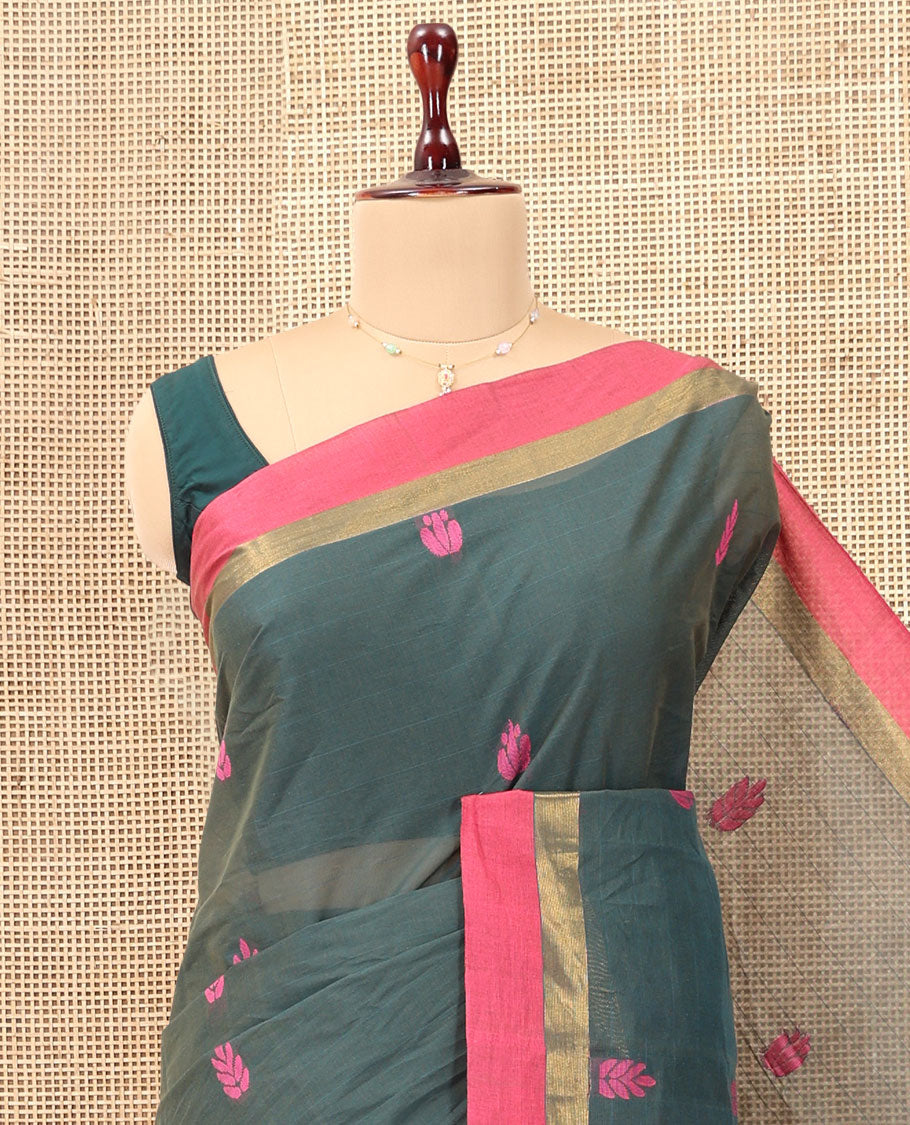 Green Kanchi Cotton Saree, Woven with Thread Buttas, a Contrast Border, Floral Design Pallu, and a Matching Blouse