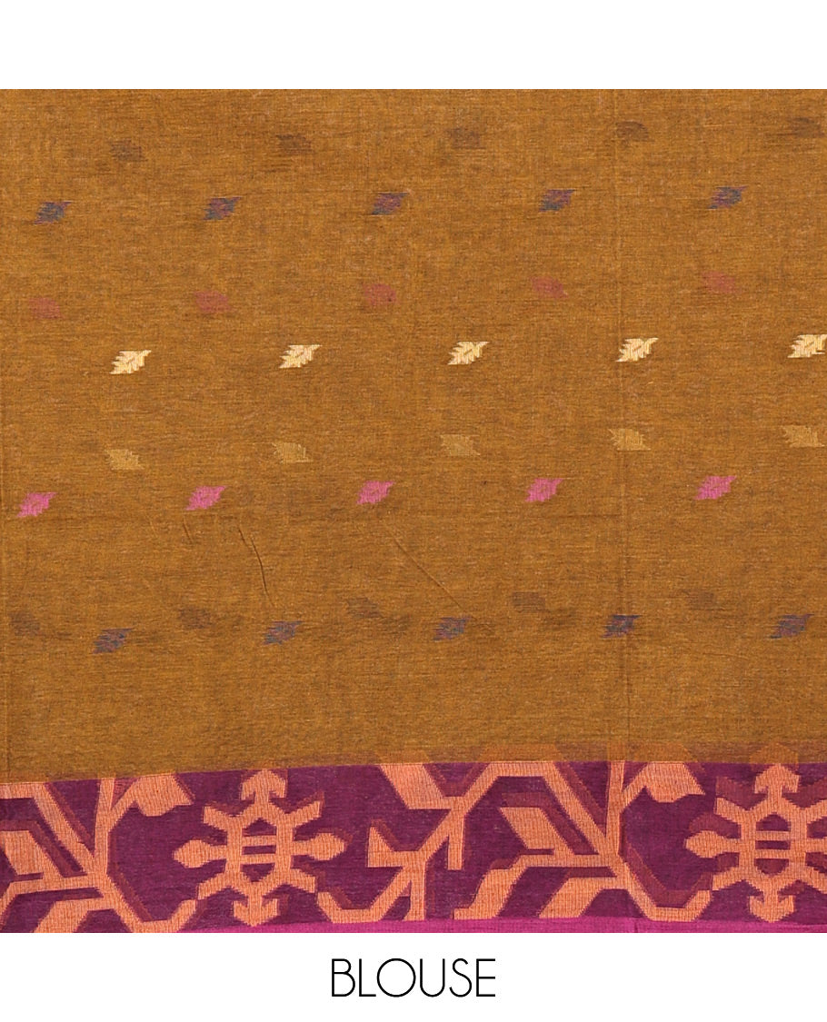 Brown Bengal Cotton Saree, Elevated with Thread Buttas All Over Its Body, Complemented by a Contrast Border of Jamdani-Style Floral Creeper Designs, Pallu of Stripes and Buttas, and Paired with a Matching Blouse