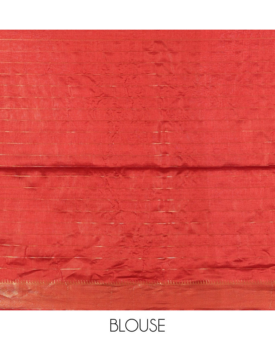 Rust Banana Pith Saree, Gleamed Up with Checks and Buttas, a Zari Temple Border, Striped Pallu, and Matching Blouse