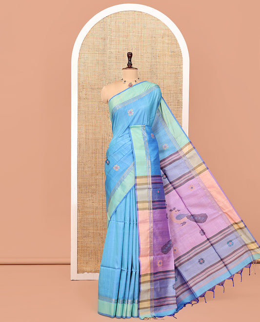Blue Tussar Silk Saree, Bedecked with Flower Motifs, Contrast Zari Border, Thread Woven Pallu, and Contrast Blouse