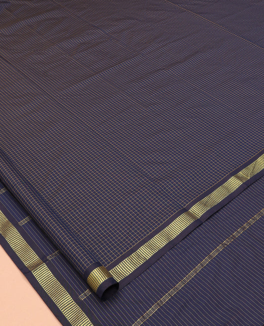 Navy Blue Checked Art-Silk Nine Yard Saree, a Traditional Zari Border, a Self-Pallu, and No Blouse